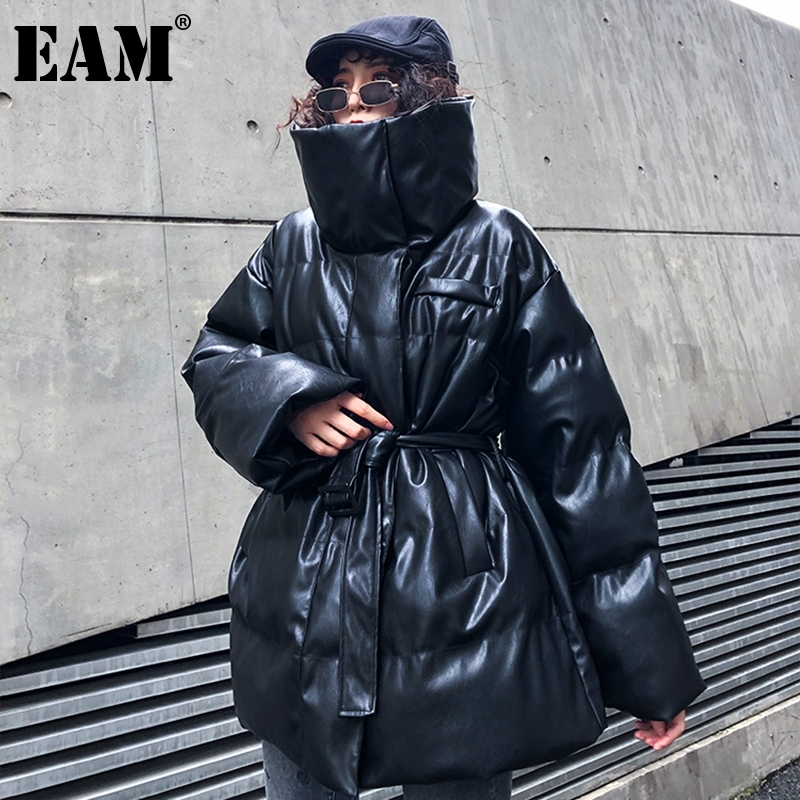 EAM Black Pu Leather Big Size Cottonpadded Coat Long Sleeve Loose Fit Women Parkas Fashion Autumn Winter 19Aa6 201017