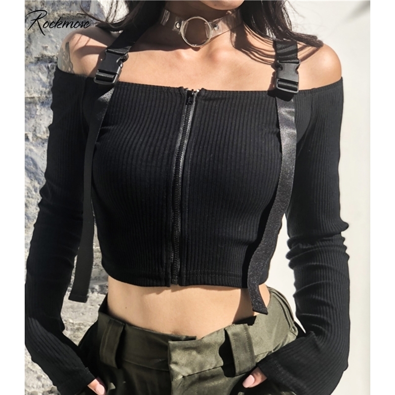 Rockmore Gothic Ribbed Knitted Long Sleeve T-Shirt Women Bodycon Buckle Strappy Zipper Streetwear Femme T Shirts Top Tees Autumn 201028