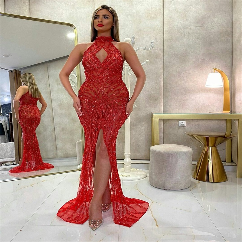 Glitter Sequins Prom Dresses High Neck Beads Sexy Front-split Red Evening Dress Custom Made Sweep Train Mermaid Formal Party Dress