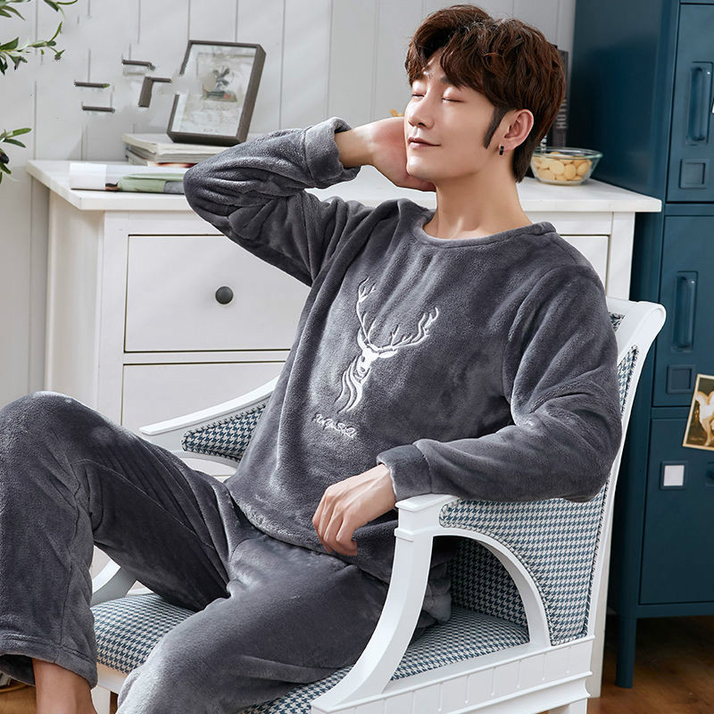 Men Pajamas Winter Flannel Pajama Set Plus Size 3XL Coral Fleece Casual Thick Homewear Warm Sleepwear Boys Pijama Mujer 201111