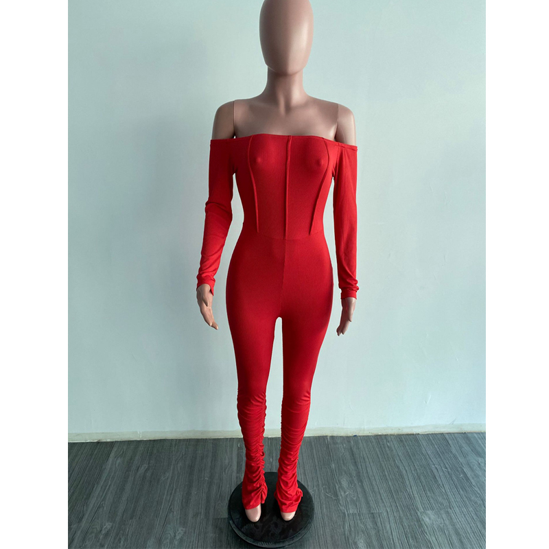 HAOYUAN Sexy Off Shoulder Long Sleeve Bodycon Jumpsuit Fall Clothes for Women Outfits One Piece Party Club Romper Stacked Pants 201007