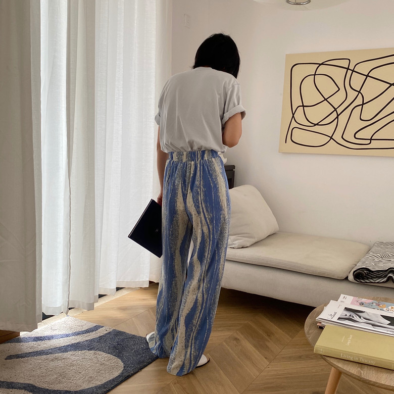 CHEERART Ribbed Summer Wide Leg Pants Women Trousers Tie Dye Elastic High Waist Blue Green Loose Palazzo Pants Streetwear 201012