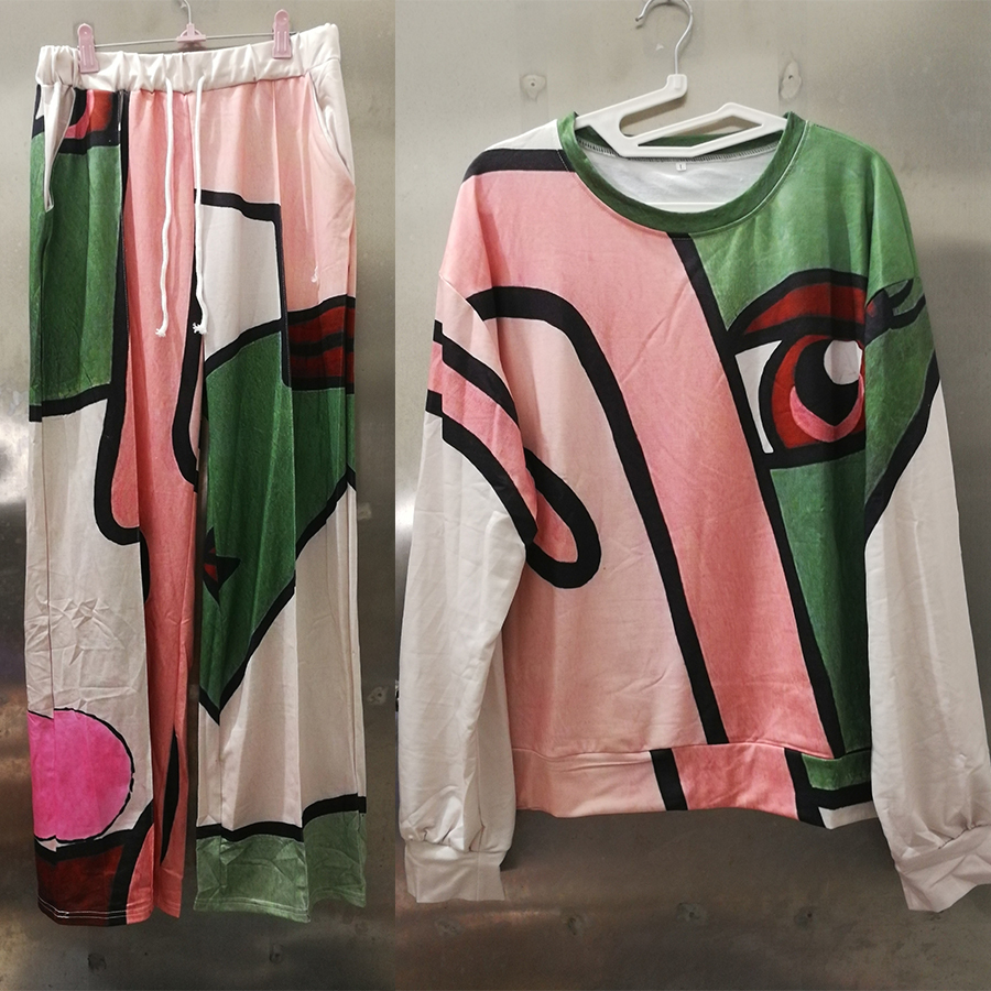 Pink Face Eyes Hip Hop Thin Sweatshirt Pants Suit 2 Piece Set Women Tracksuit New Autumn Tops Loose Casual Girls Plus Size 3XL 201119