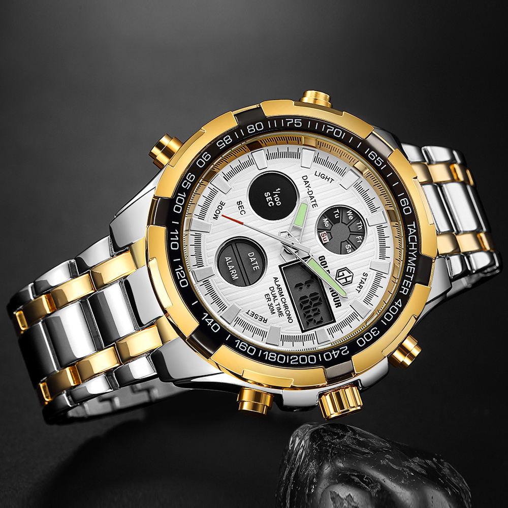GOLDENHOUR Men Classic Business Quartz Watch Mens Fashion Dual Display Stainless Steel Wristwatches Waterproof Male Clock LJ201119