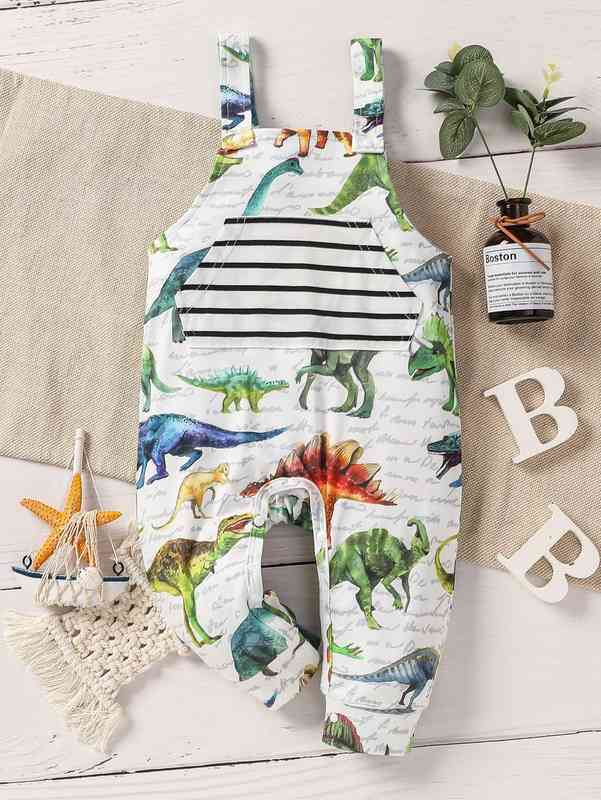 Baby Striped & Dinosaur Print Kangaroo Pocket Overall Jumpsuit SHE