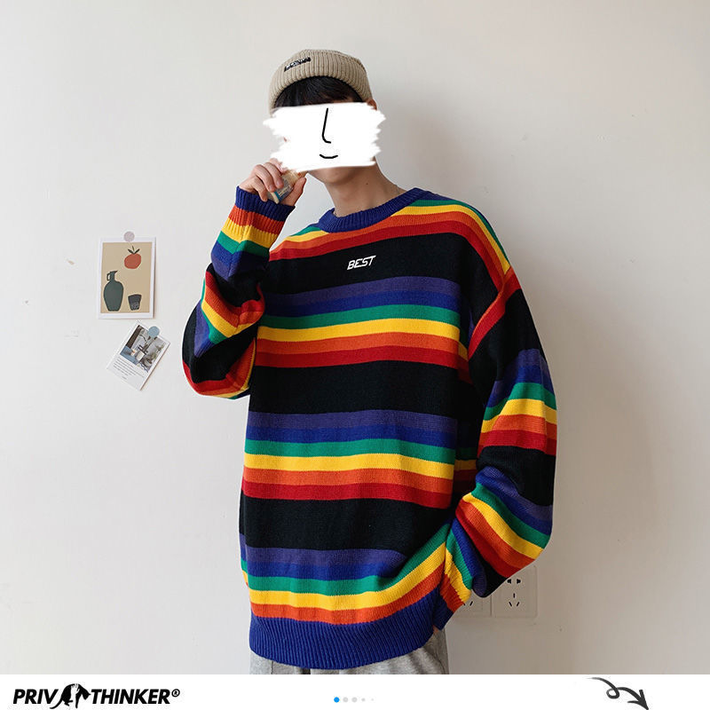 Privathinker Harajuku Autumn Men's Knitted Sweaters Korean Men Rainbow Striped Pullovers Women Casual Oversized Sweater Top 201028
