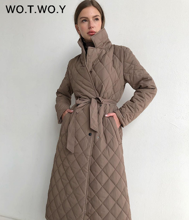 WOTWOY Argyle Belted Long Parkas Women Cotton-Padded Thick Winter Jacket Female Solid Casual Oversized Warm Overcoat with Pocket 201110