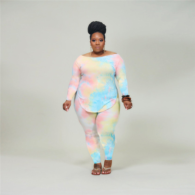 Plus size 3X 4X women bigger size tie dye two piece set fall winter tracksuits pullover sweatshirt+pants casual sportswear sweatsuits 4057