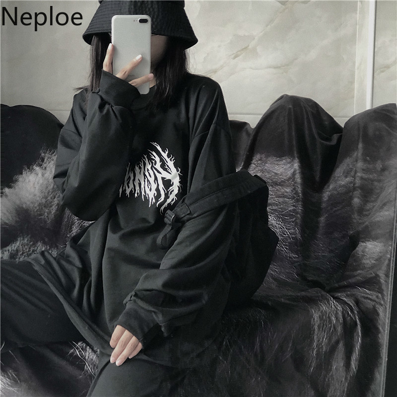 Neploe Ins Harajuku Style Streetwaer Unisex Lovers T Shirt O Neck Solid Retro Letter Tees Long Sleeve Spring Autumn New Top 201028