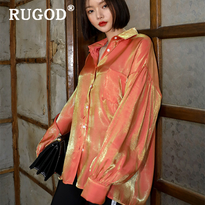 RUGOD Vintage Gradient blouse women Elegant glossy long sleeve orange shirts ladies korean chic turn-down collar blouse and tops T200321