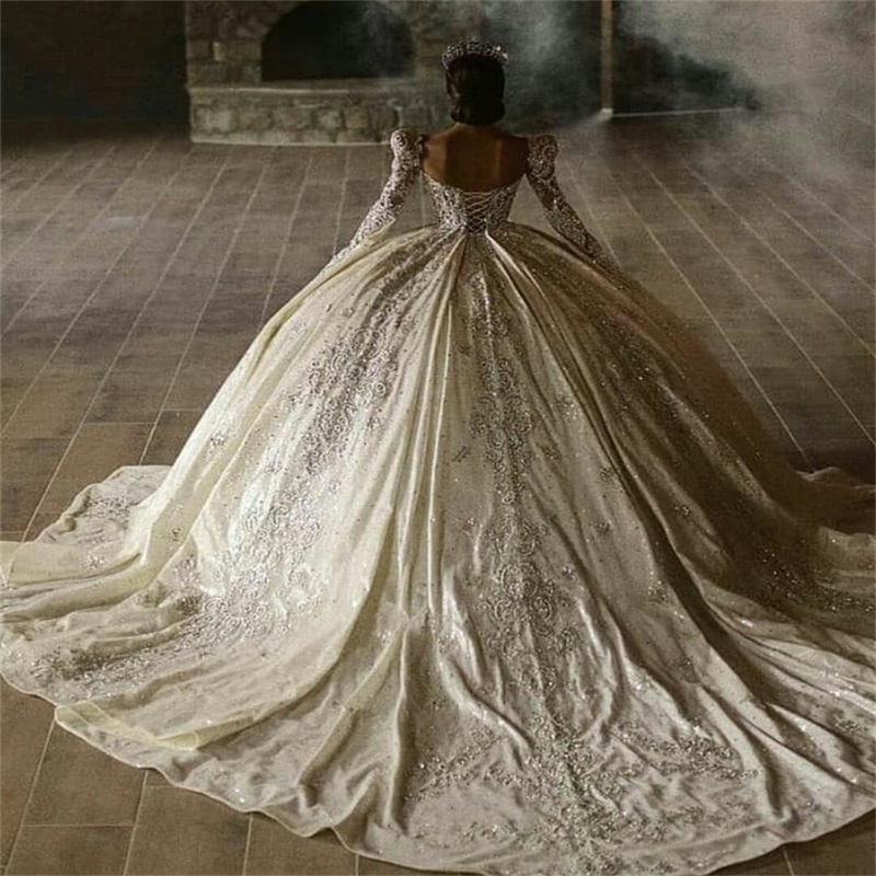 Real Image Ball Gown Wedding Dresses Luxury Long Sleeves Appliqued Crystal Sequins Beads Bridal Gowns Dubai Custom Made Vestidos De Novia