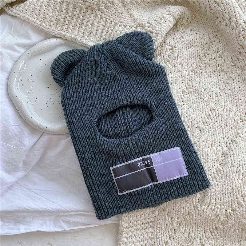 Bear Ears Balaclava Ladies 1 Hole Ski Mask Handmade Crochet Full Face Wooly Hat Cute Girl Winter Streetwear Warm Beanie 220124