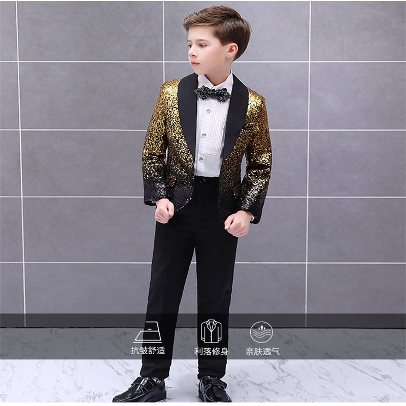 two pieces children suits boys bling gold sequins stage models handsome british fashion style catwalk costumes boy coatpant