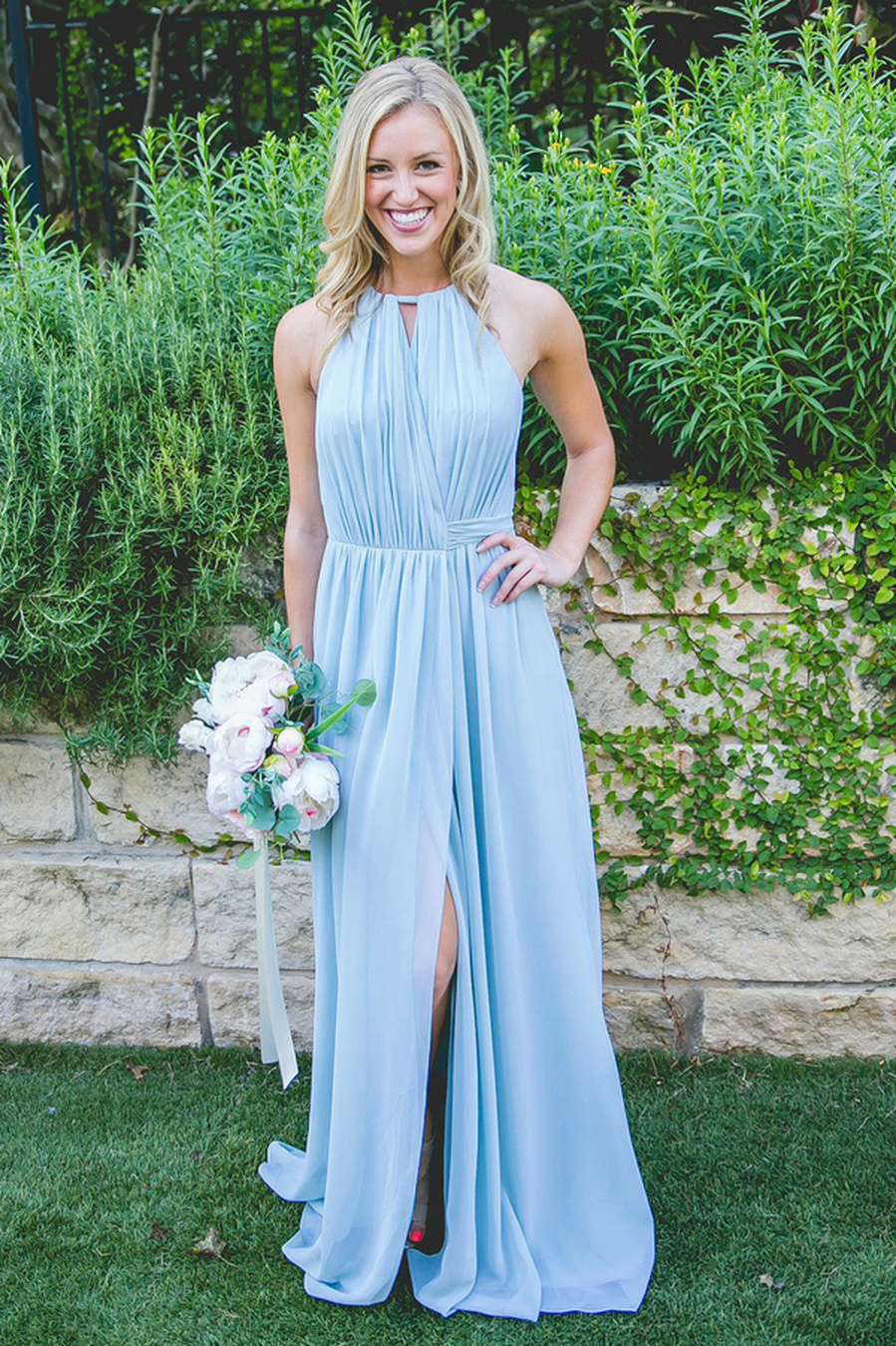 New Light Sky Blue Bridesmaid Dresses A Line Jewel Neck Chiffon Flow Split Long Maid of Honor Gowns BM0178