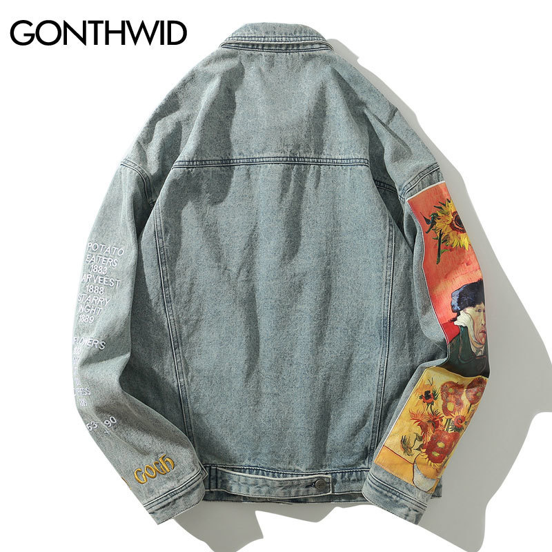 GONTHWID Van Gogh Painting Patchwork Embroidery Denim Jackets Hip Hop Casual Loose Jean Jackets Streetwear Fashion Outwear Coats 201118