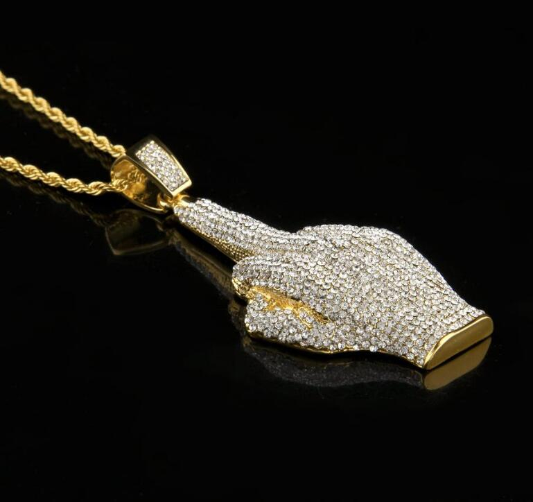 Middle Finger Diamond Necklace Street Wind Heavy Drill Full Diamond Alloy Big Finger Pendant Vertical Middle Finger Hip Hop Necklace jewelry