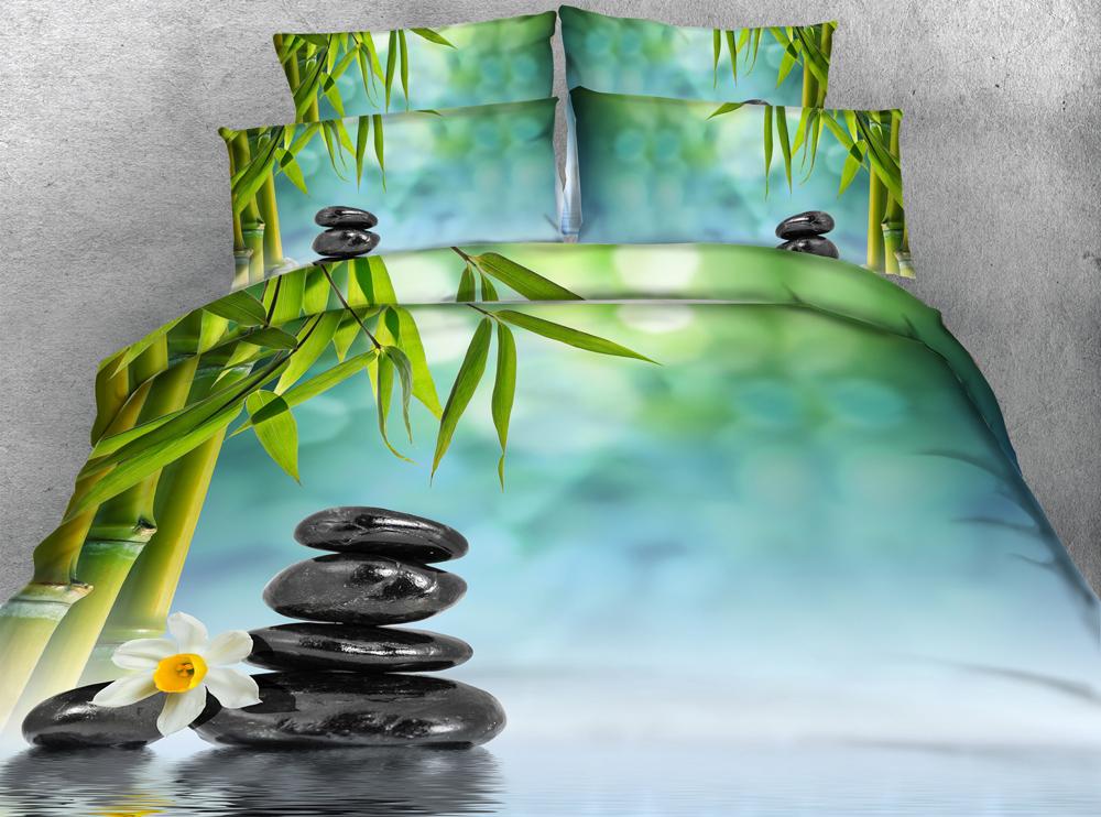 JF-062 Green bamboo and black stones print 3D duvet cover set queen king size bedlinen, As pic