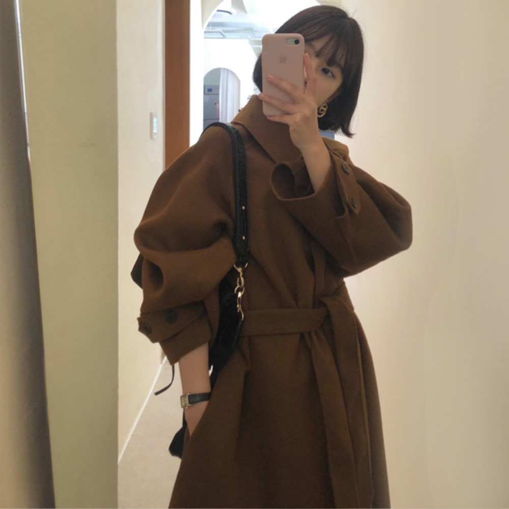 Women Vintage Winter Oversized Long Cashmere Coat Jacket Single Breasted Woolen Overcoat Sashes Cardigan Outerwear 201102