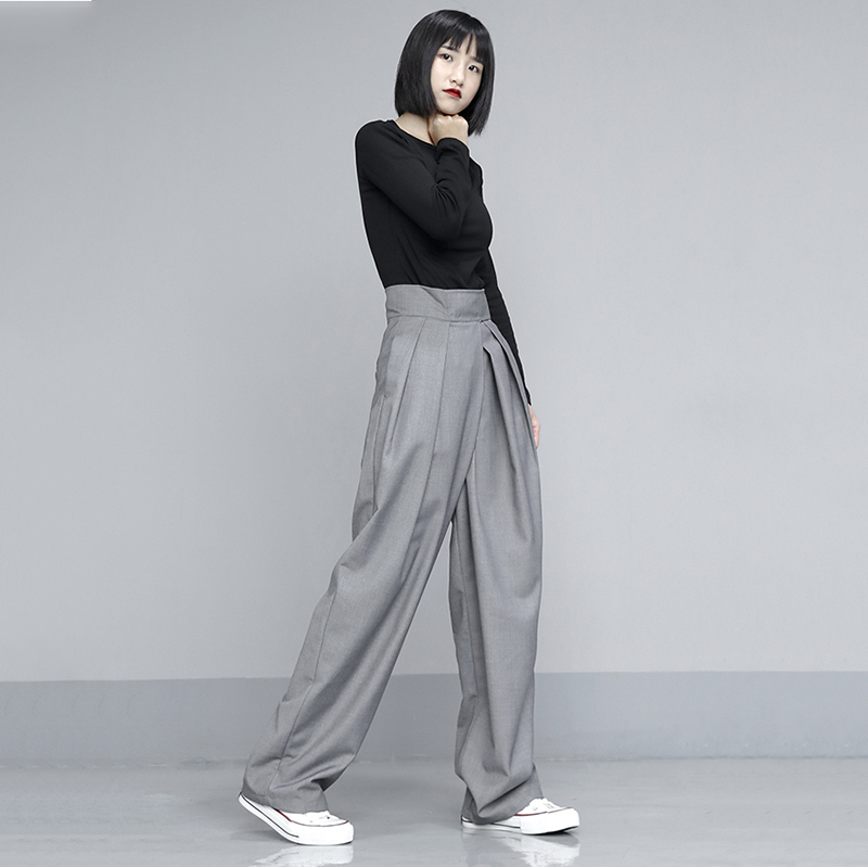 [EAM] High Waist Pleated Gray Brief Long Wide Leg Trousers New Loose Fit Pants Women Fashion Tide Spring Autumn 1T735 201031
