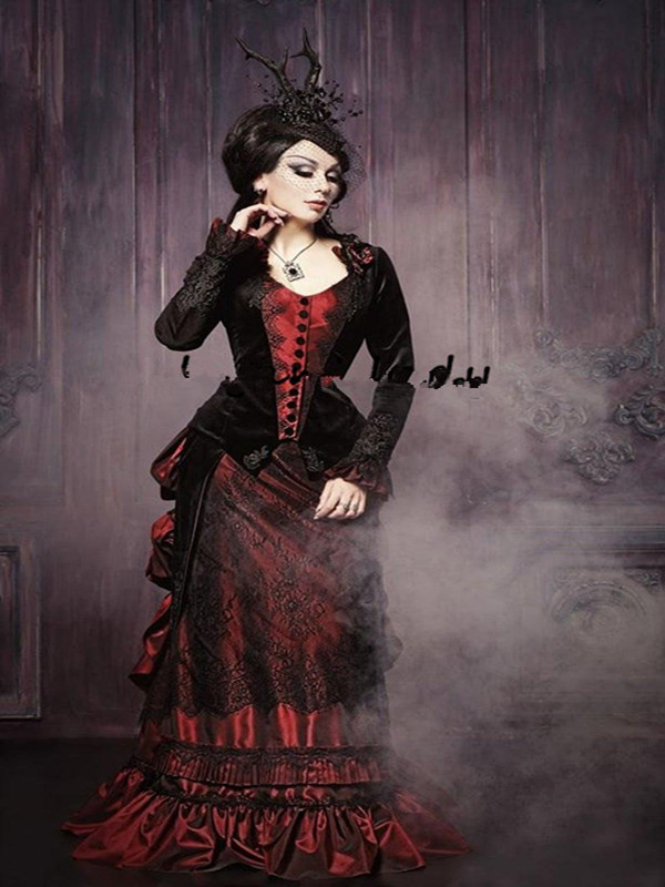 Vintage Black Bury Gothic Wedding Dress Long Sleeve Victorian walking costume Bustle skirt and Veet Jacket Bride Gowns