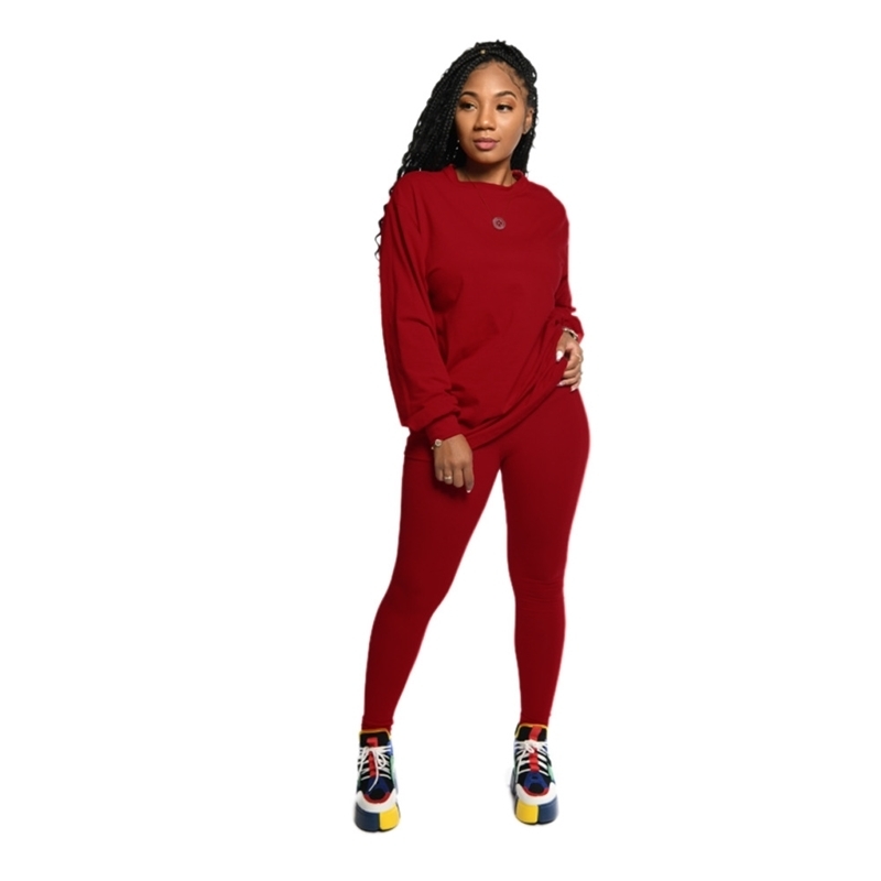 Autumn Women Tracksuit Solid-Color Long Sleeves Tops & Trousers Casual 2 Piece Set 201120