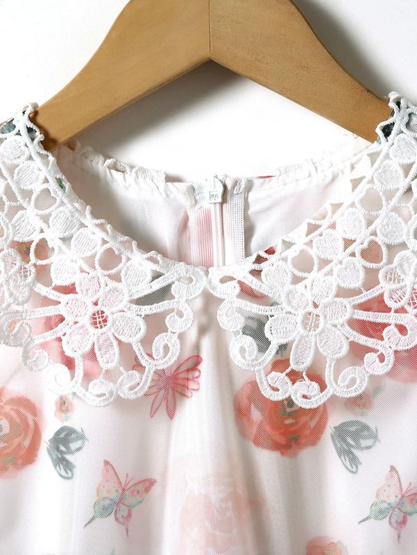 Girls Floral Print Contrast Guipure Lace Belted Mesh Dress SHE