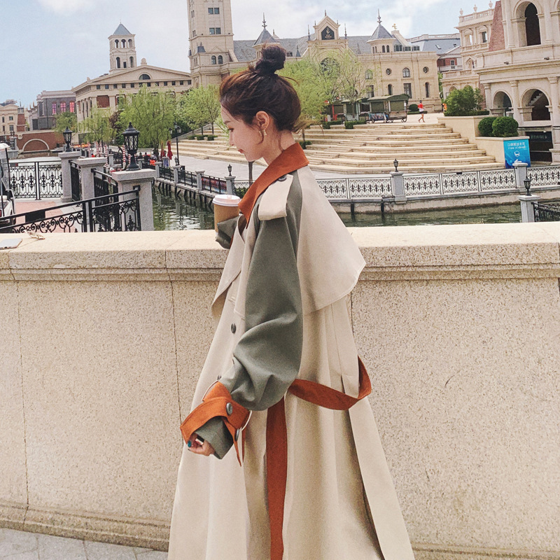 [DEAT] Women's Coat Full Sleeve Lapel Hit Color Lacing Over Long Loose Trench Bow Casual New Autumn Ashion Clothing AM787 201030