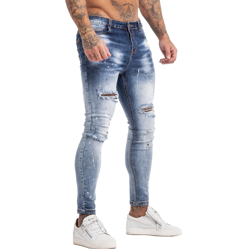 GINGTTO Homme Elastic Waist Skinny for Men Stretch Pants Streetwear Mens Denim Blue Jeans zm139 201223