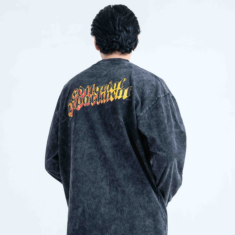Hip Hop Mens Streetwear Washed T-shirt Cotton Burning Watch Fire Flame T-shirt Harajuku Autumn Long Sleeve Loose Tops Tees 201202