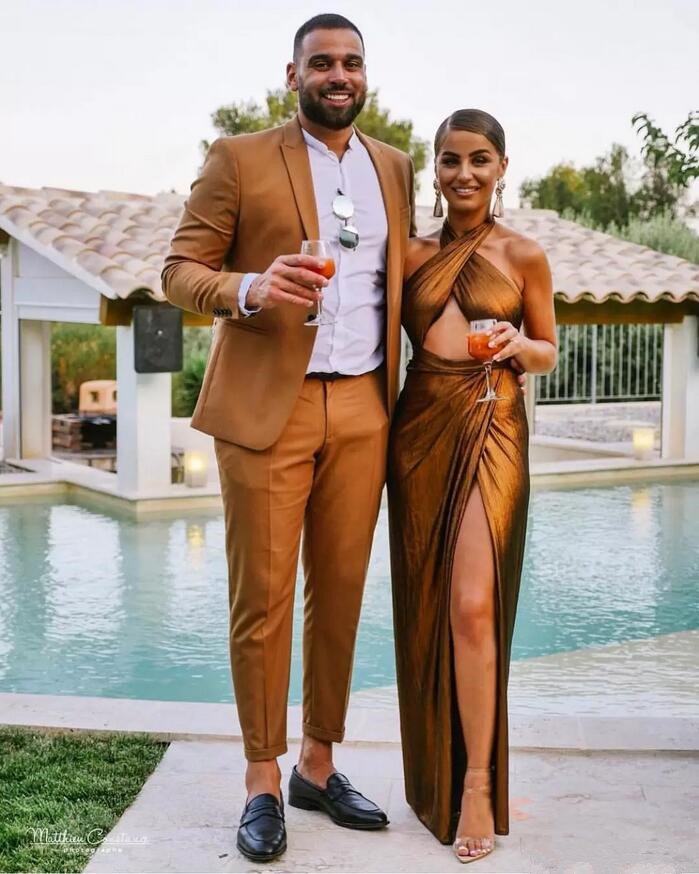 Chic Gold brown Two Pieces Mens Suits Slim Fit Wedding Grooms Tuxedos One Button Formal Prom Suit (Jacket+Pants)