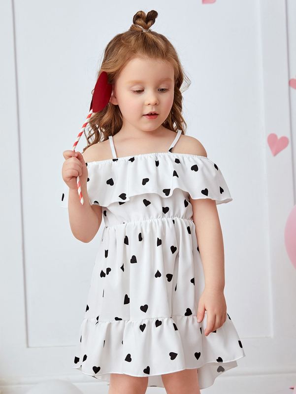 Toddler Girls Heart Print Cold Shoulder High Low Ruffle Hem Dress SHE