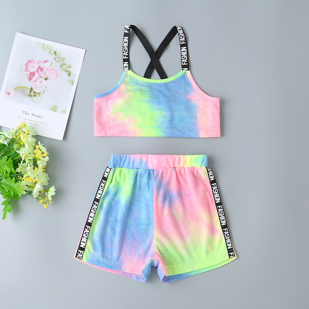 2020 New Girls Clothes Sets For Kids Cute Strap Tie-dyed Tops Short Pants Letter Muti Summer Clothes SetsX1019