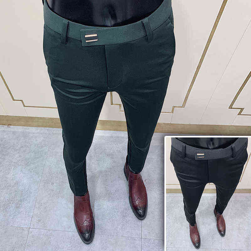 2020 New Mens Social Pants Fashion Slim Button Suit Pant Men Green Pants Street Clothing Men Business Slim Dress Solid Suit Pant X220214