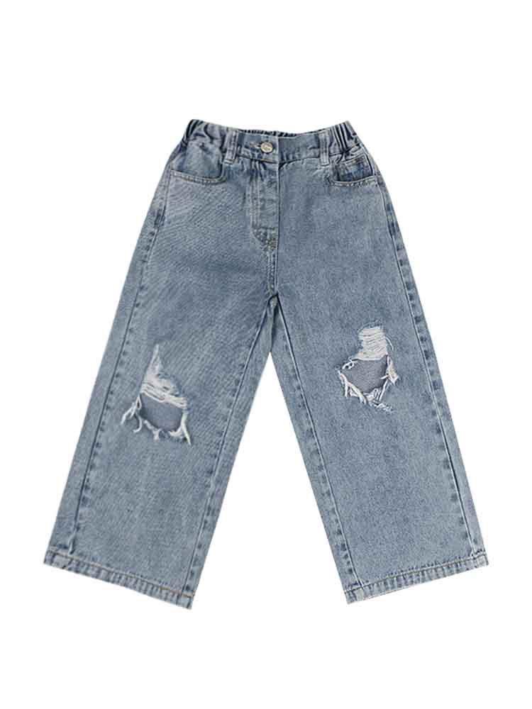 Jeans Girls Denim Wide-leg Pants 2021 Spring Autumn Loose Girl Bell Bottom Broken Hole Kids