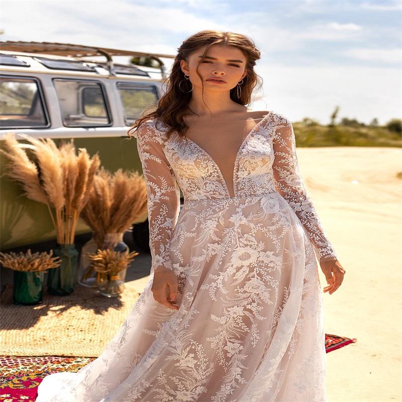 Floral A Line Wedding Dresses Appliqued Lace Bridal Gowns Long Sleeves Sweep Train Boho Custom Made Soft Tulle Vestido De Novia