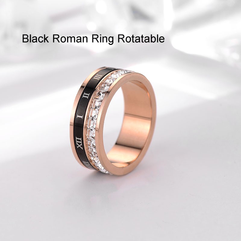 Rotatable Black Roman Numerals Circle Ring Square Cubic Zirconia Rose Gold Rings Jewelry