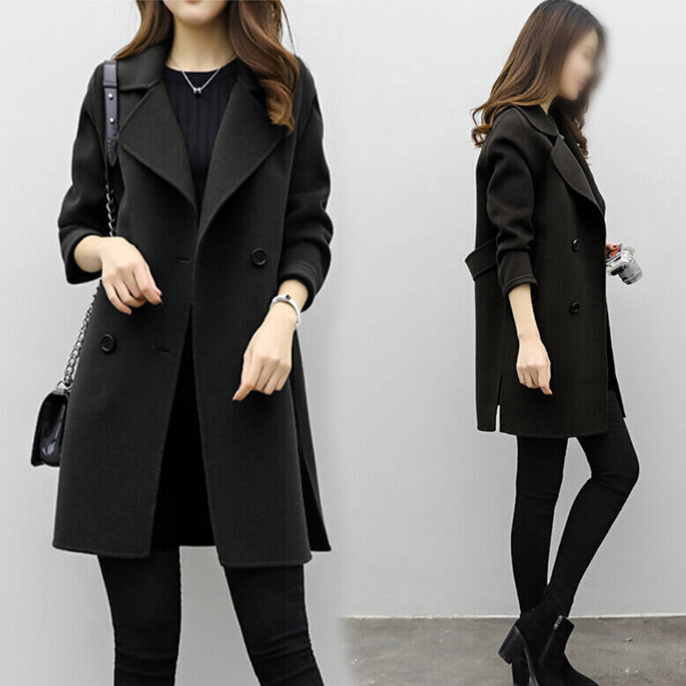 Women Coat Autumn Winter Thickening Fashion Double Breasted Artificial Wool Warm Slim Fit Daily Long Sleeve Turndown Collar T200114