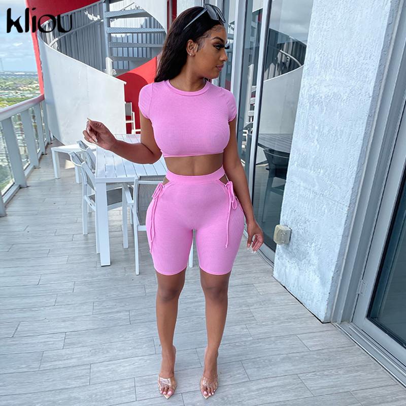 Kliou tracksuit women casual ribbed sporty solid matching set short sleeve+bandage hollow out biker shorts stretchy slim fitness 201104