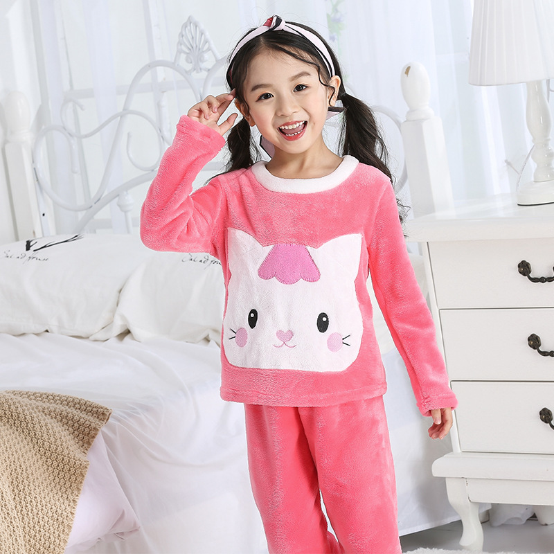 Children's flannel pajamas set boys and girls cartoon coral fleece head protector home service 201225