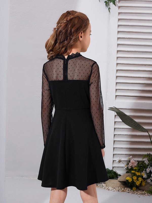 Girls Sheer Mesh Yoke And Sleeve Dress SHE
