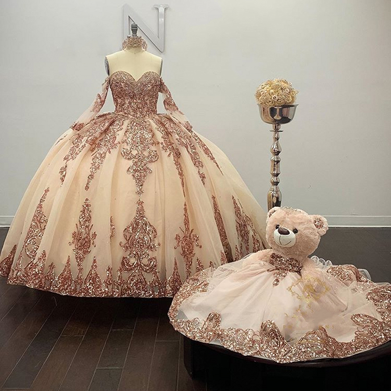 Rose Gold Sparkly Ball Gown Quinceanera Dresses Detachable Sleeves Sweetheart Sequines Applique Sweet 16 Dress Party Wear, Pink
Rose Gold Sparkly Ball Gown Quinceanera Dresses Detachable Sleeves Sweetheart Sequines Applique Sweet 16 Dress Party Wear, Pink