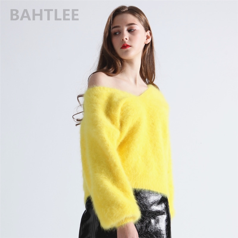 BAHTLEE Winter Women's Angora Rabbit Jumper Sweater V-Neck Lantern Sleeve Mink Cashmere Knitted Pullovers Keep Warm Thick Loose 201017