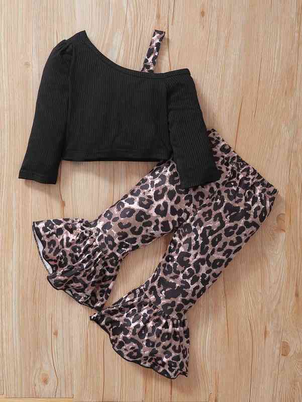 Baby Asymmetrical Neck Ribbed Knit Top & Leopard Flare Leg Pants SHE