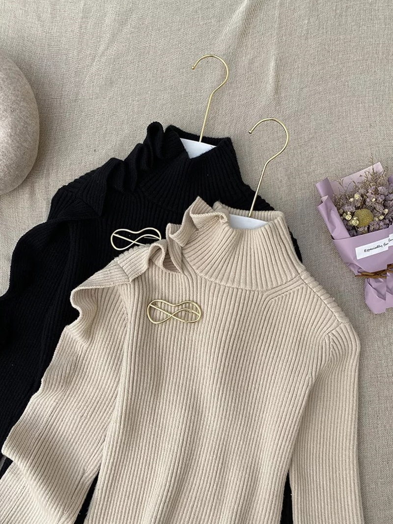 autumn high neck pullover sweater casual fashion wild thin wood ear knit sweater women 201204