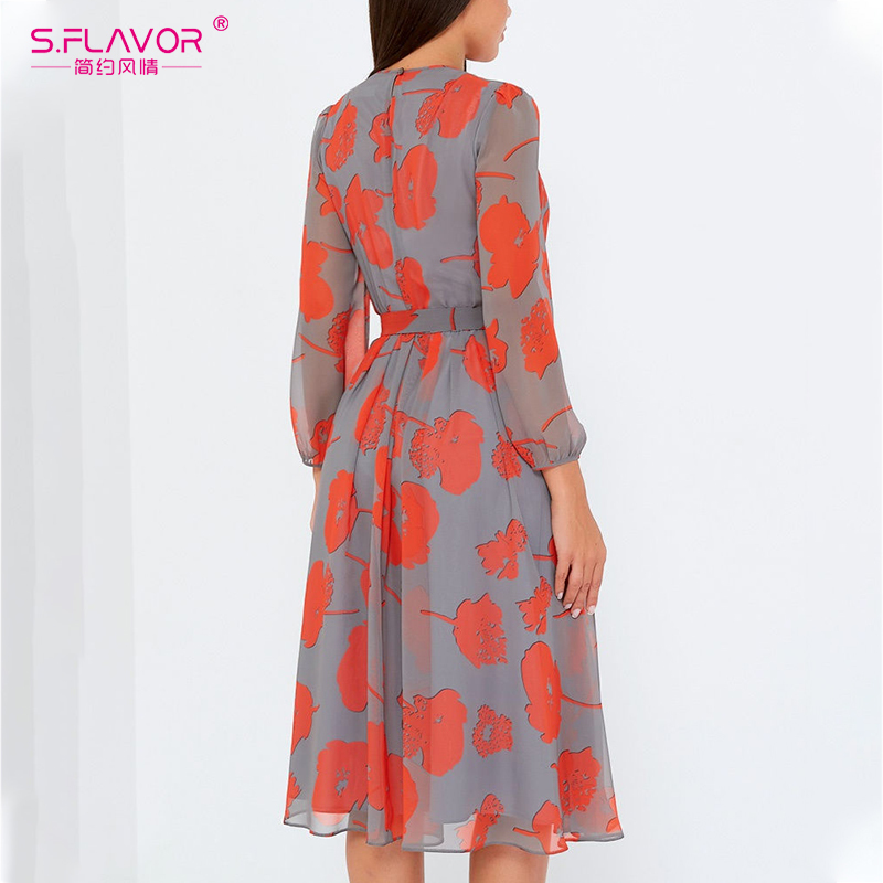 S.FLAVOR Women Printing Casual A-line Dress Elegant Full Sleeve Chiffon Boho Vestidos De Autumn Winter Fashion Midi Dresses 201029