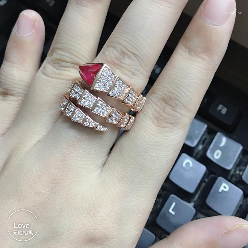 S925 sterling silver two circle snake ring adjust size two layer red stone head serpenti jewelry1