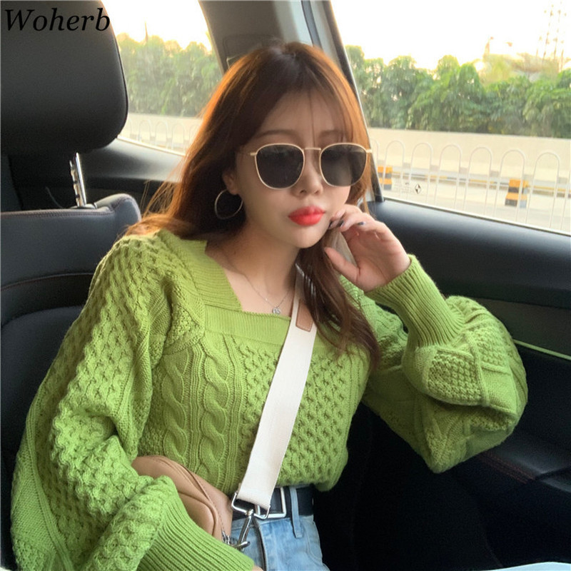 Woherb Vintage Twist Knitted Sweater Women New Square Collar Pullovers Korean Chic Puff Sleeve Tops Jumper Sweet Pull Femme 201030wtt
