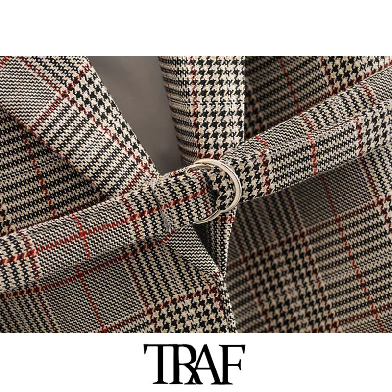 TRAF Women Vintage Stylish Office Wear Plaid Blazer Coat Fashion Long Sleeve With Belt Female Outerwear Chic Tops 201114