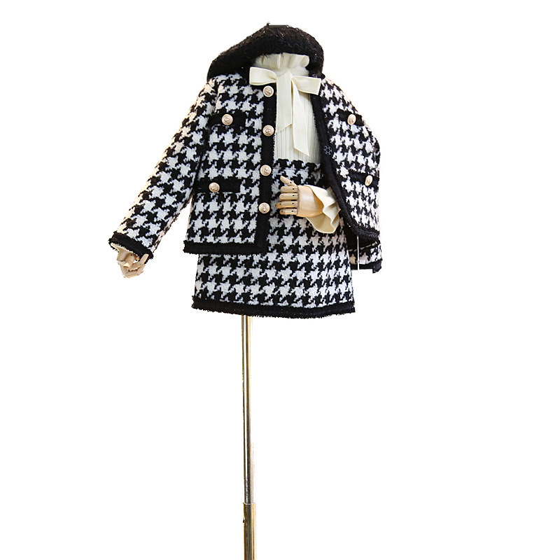 Girls Sets Autumn Retro Plaid Tweed Suits Short Sleeve Short Design Coat Midi Skirt Suit Sweet Outfit 2pcs Children ClothesX1019