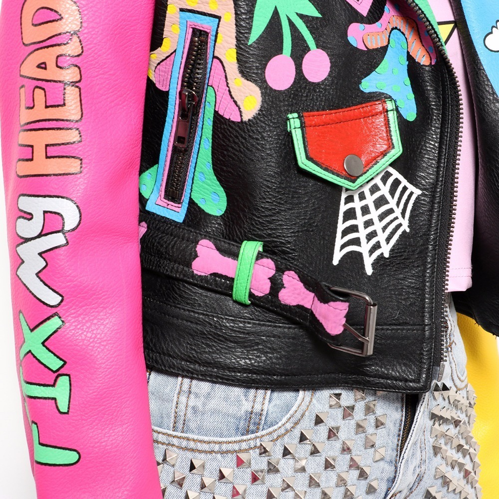 LORDXX Colorful Rainbow Jacket Women New Fashion print yellow sleeve Street Short Leather Jacket Zipper Motorcycle Coat 201126